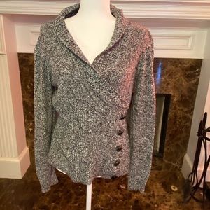 Black and white marbled open collar sweater